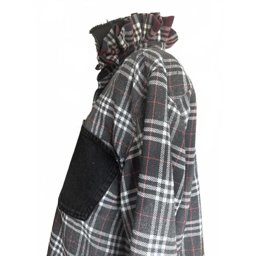 Handmade Upcycled Cropped Flannel Denim & Plaid Ruffled Collar One-of-a-Kind π€β€οΈ - Picture 9 of 13